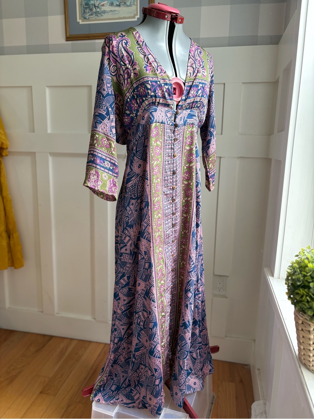 Bohemian Buttoned Pink & Navy Printed Maxi Dress Small